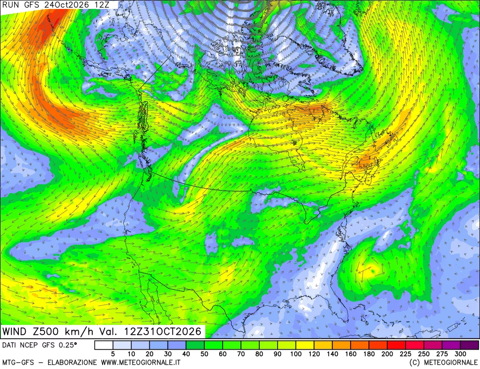 mappa 500 hPa Vento forza e direzione