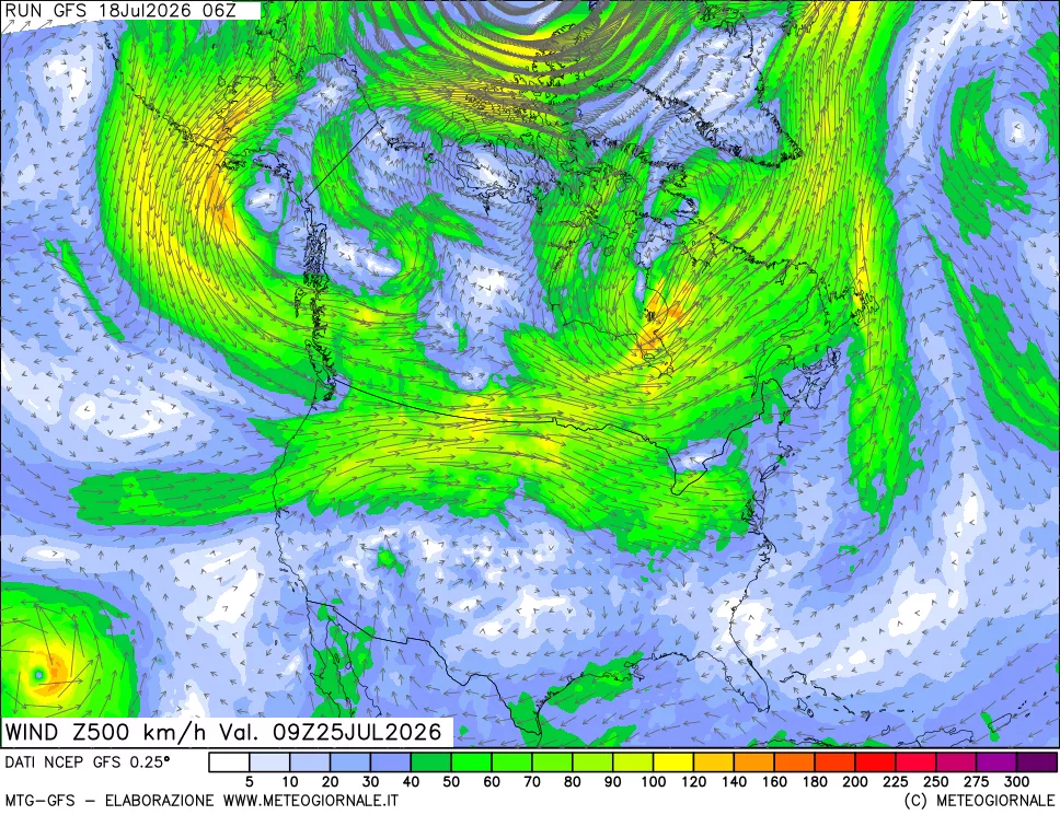 mappa 500 hPa Vento forza e direzione