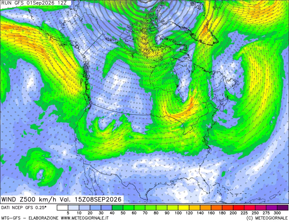 mappa 500 hPa Vento forza e direzione