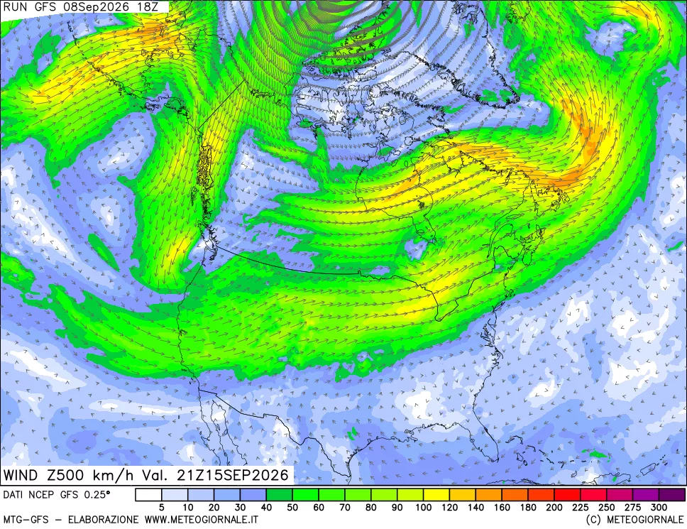 mappa 500 hPa Vento forza e direzione