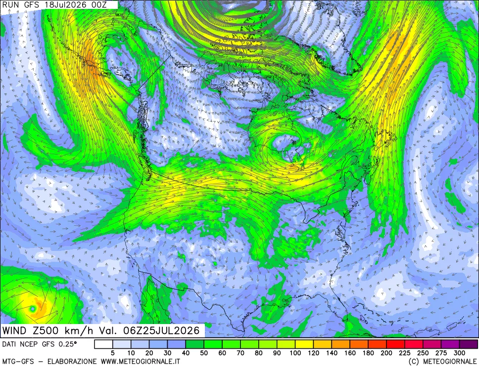 mappa 500 hPa Vento forza e direzione