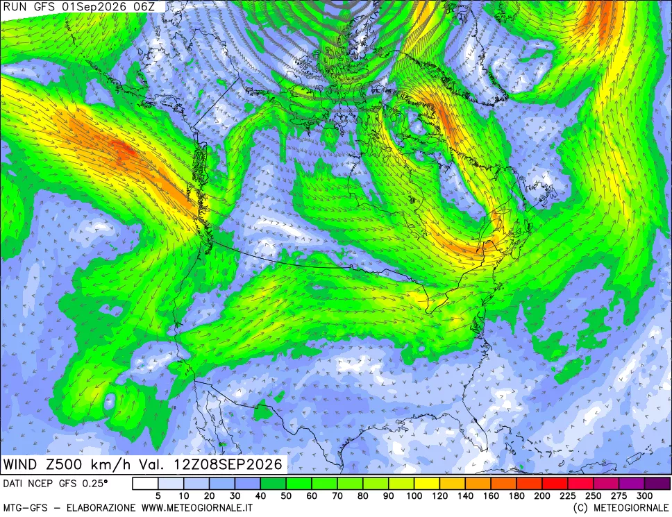 mappa 500 hPa Vento forza e direzione