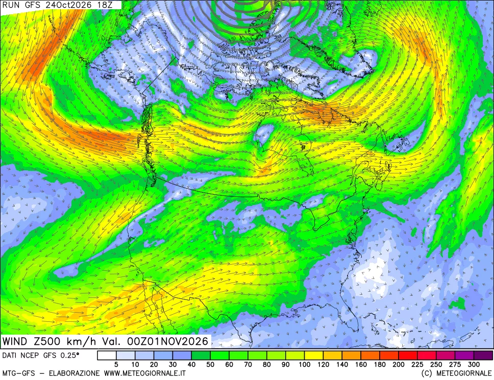 mappa 500 hPa Vento forza e direzione