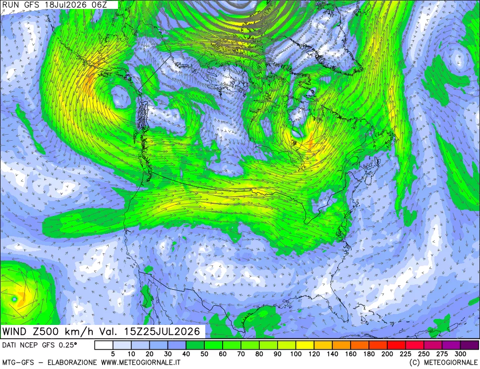 mappa 500 hPa Vento forza e direzione