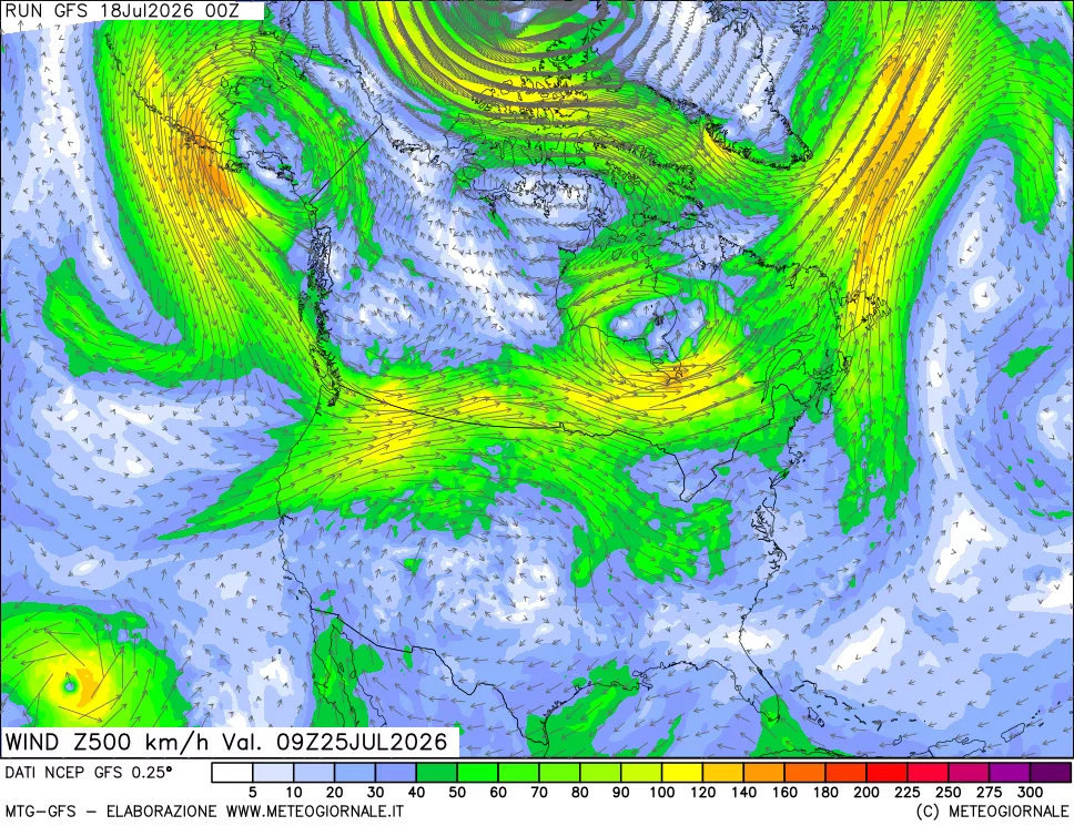 mappa 500 hPa Vento forza e direzione