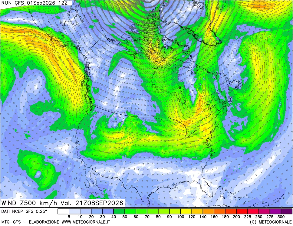 mappa 500 hPa Vento forza e direzione