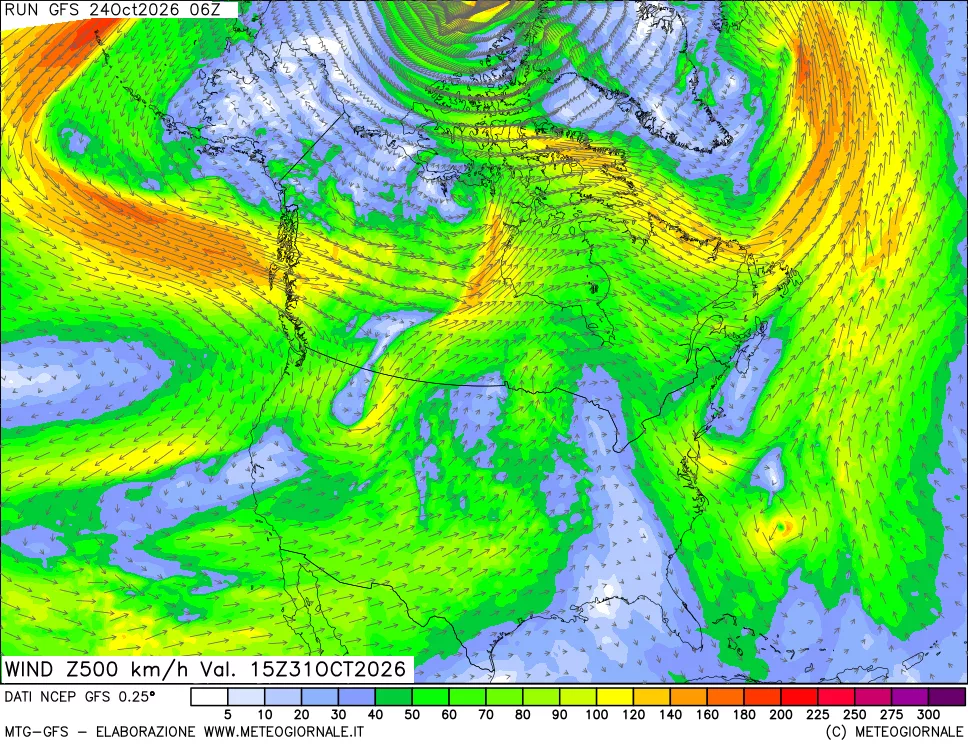 mappa 500 hPa Vento forza e direzione