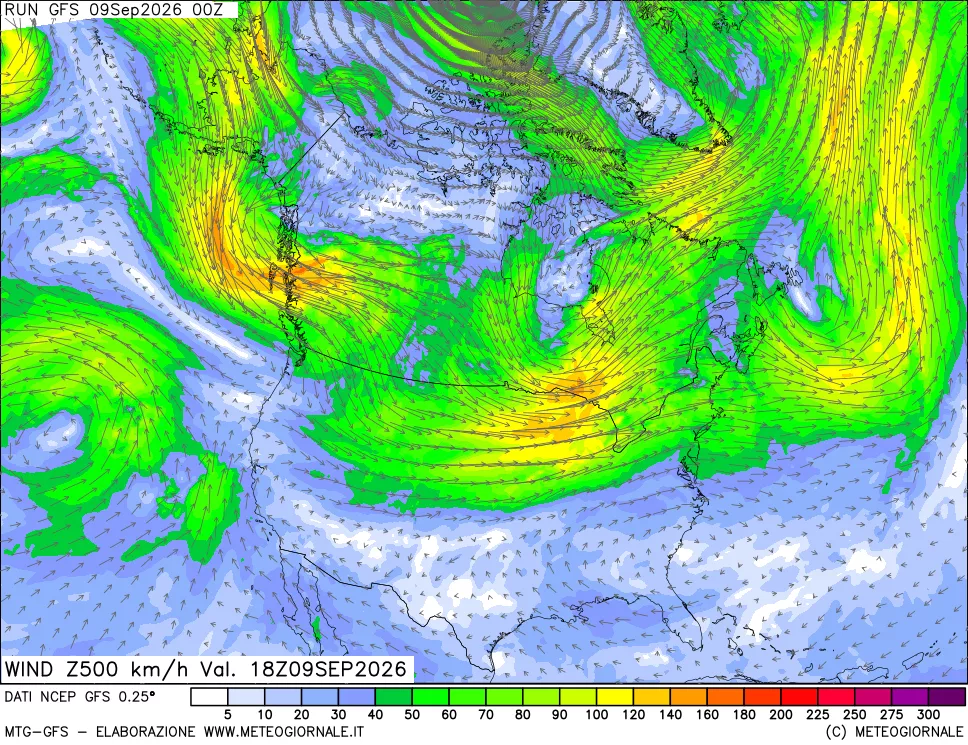 mappa 500 hPa Vento forza e direzione