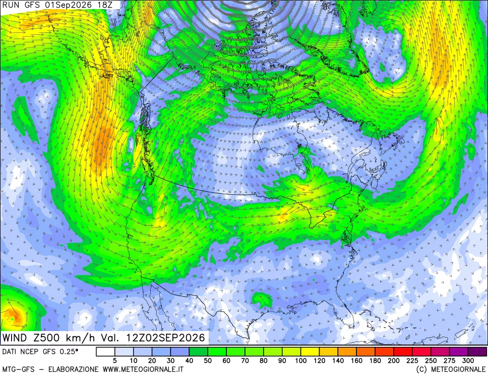 mappa 500 hPa Vento forza e direzione