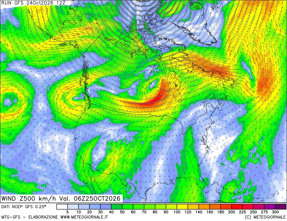 mappa 500 hPa Vento forza e direzione