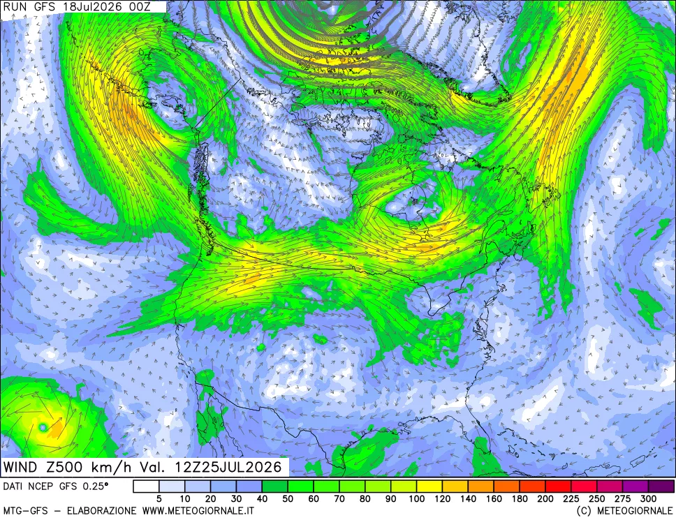 mappa 500 hPa Vento forza e direzione