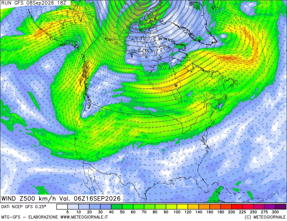 mappa 500 hPa Vento forza e direzione