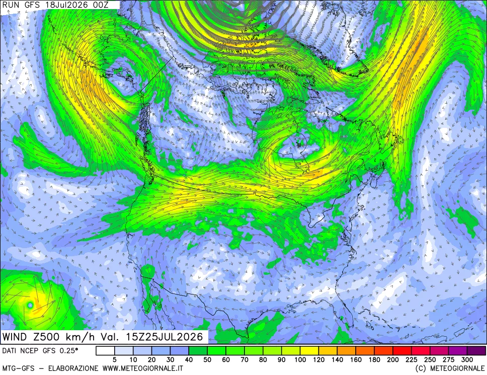 mappa 500 hPa Vento forza e direzione
