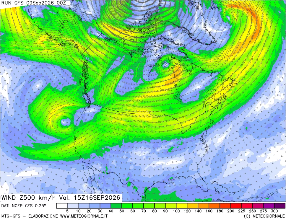 mappa 500 hPa Vento forza e direzione