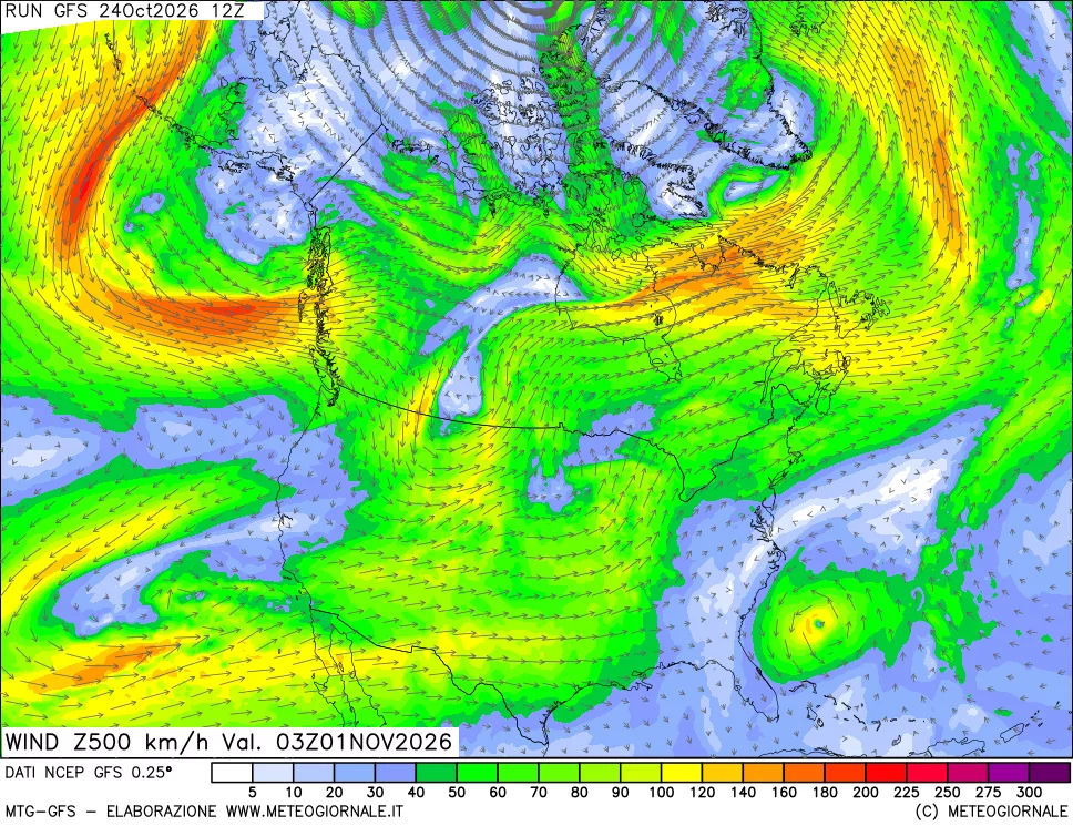 mappa 500 hPa Vento forza e direzione