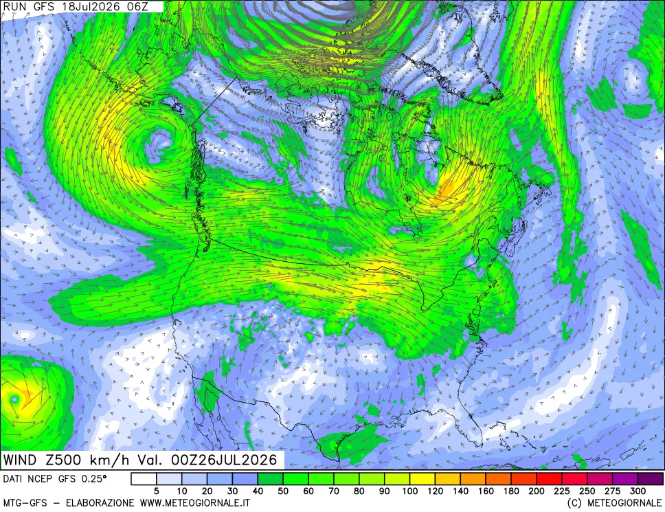 mappa 500 hPa Vento forza e direzione