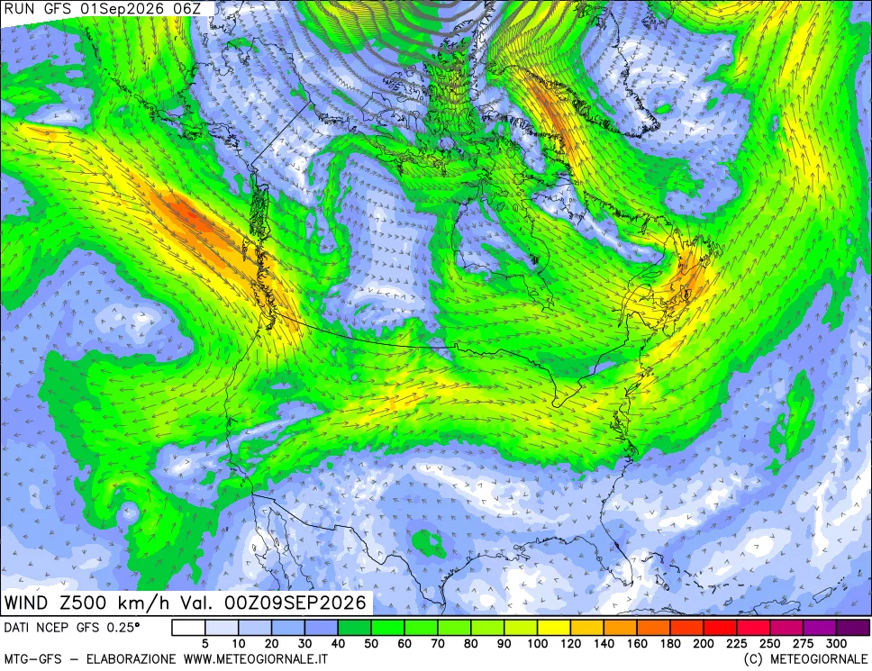 mappa 500 hPa Vento forza e direzione