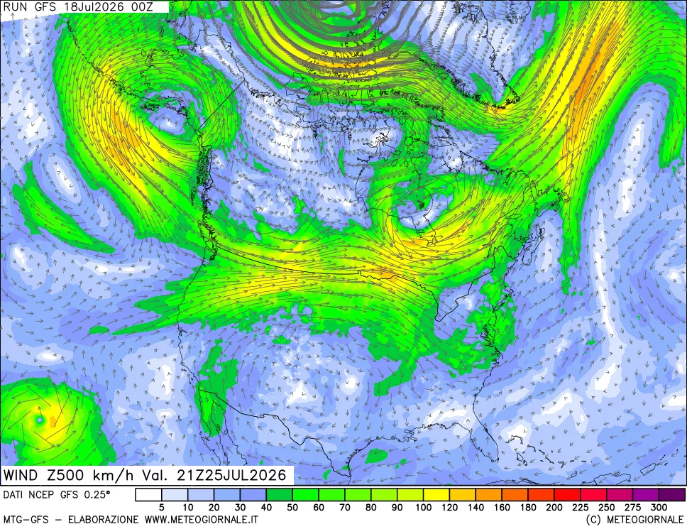 mappa 500 hPa Vento forza e direzione
