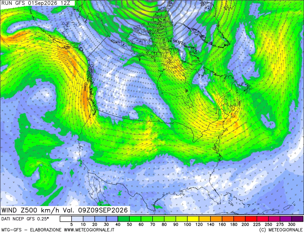 mappa 500 hPa Vento forza e direzione