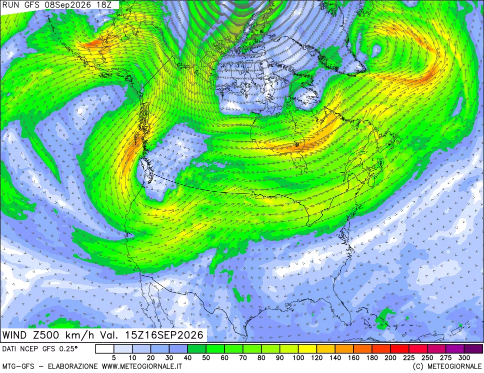 mappa 500 hPa Vento forza e direzione