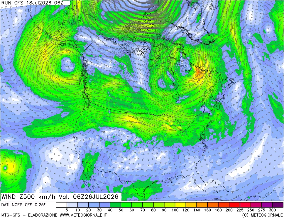 mappa 500 hPa Vento forza e direzione