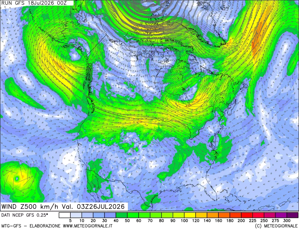 mappa 500 hPa Vento forza e direzione