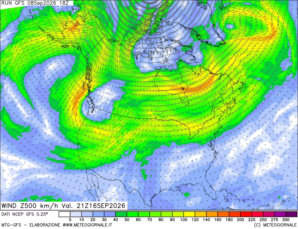 mappa 500 hPa Vento forza e direzione