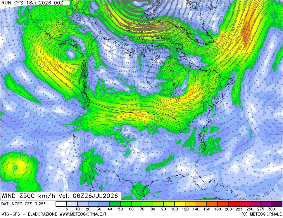mappa 500 hPa Vento forza e direzione