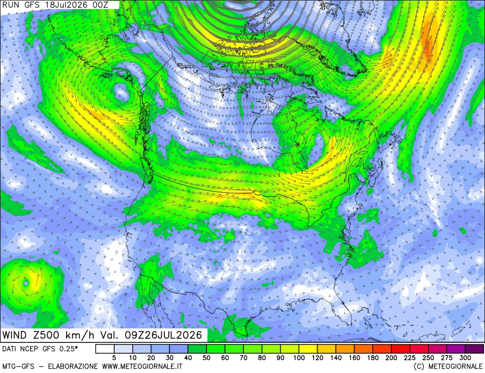 mappa 500 hPa Vento forza e direzione