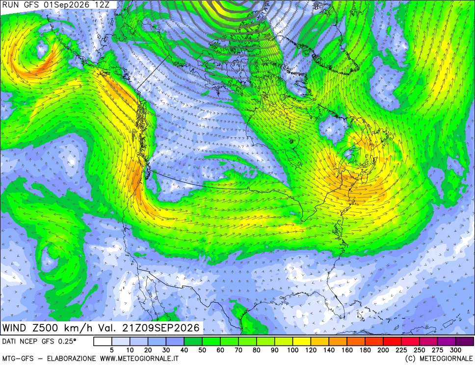 mappa 500 hPa Vento forza e direzione