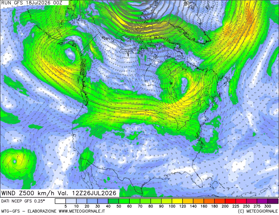 mappa 500 hPa Vento forza e direzione