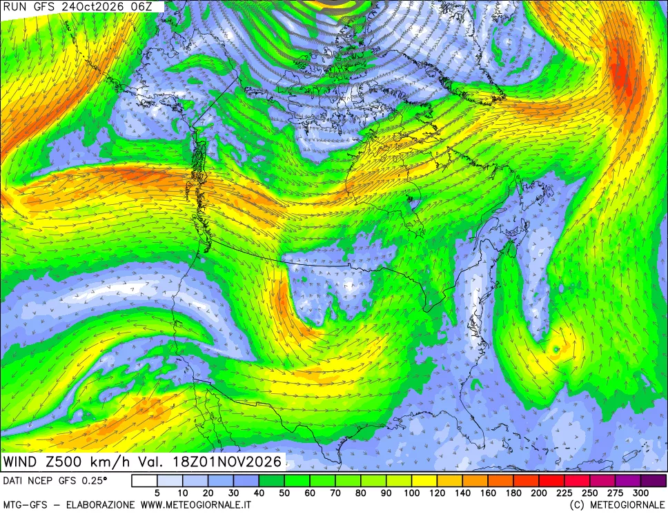 mappa 500 hPa Vento forza e direzione