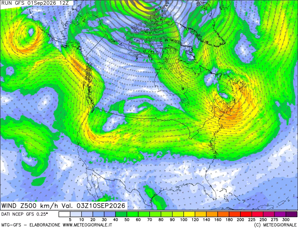 mappa 500 hPa Vento forza e direzione