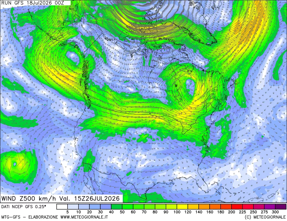 mappa 500 hPa Vento forza e direzione