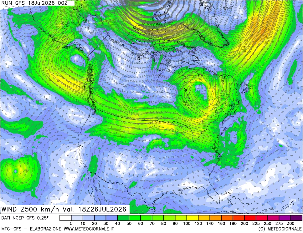 mappa 500 hPa Vento forza e direzione
