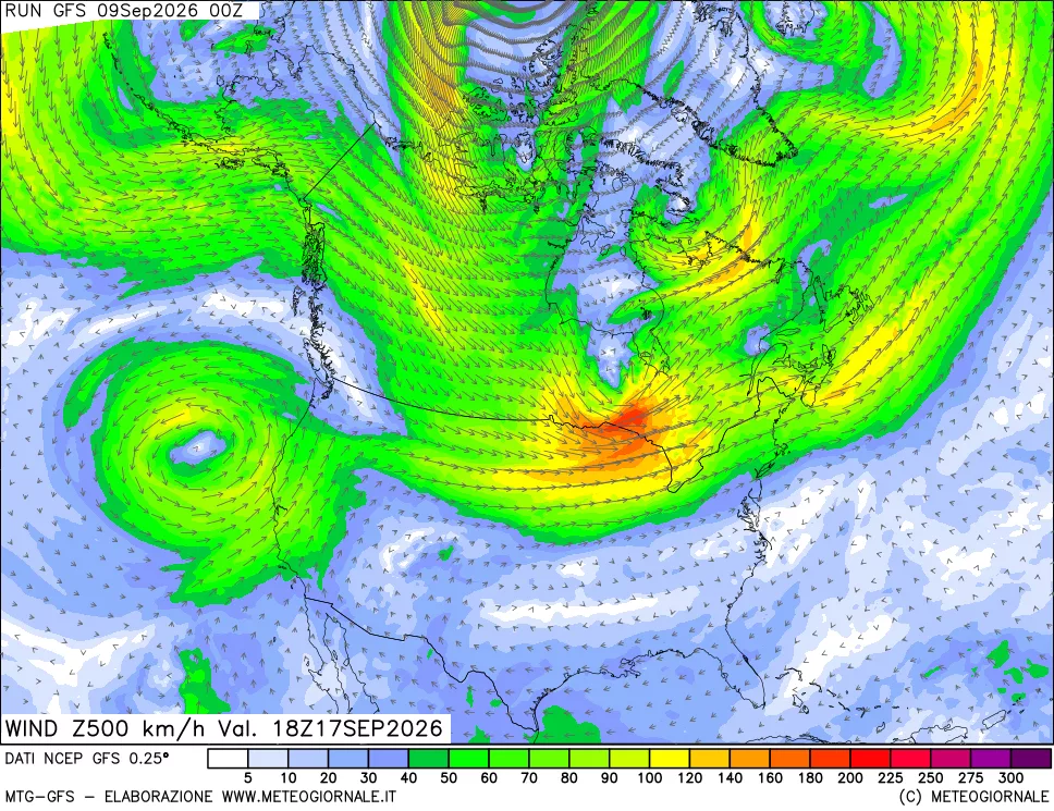 mappa 500 hPa Vento forza e direzione
