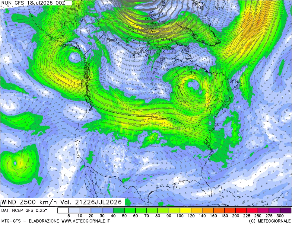 mappa 500 hPa Vento forza e direzione