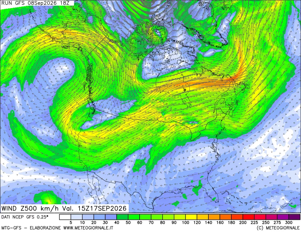 mappa 500 hPa Vento forza e direzione