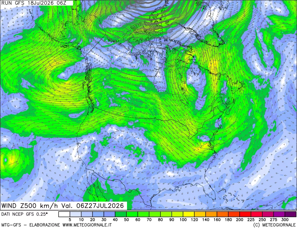 mappa 500 hPa Vento forza e direzione