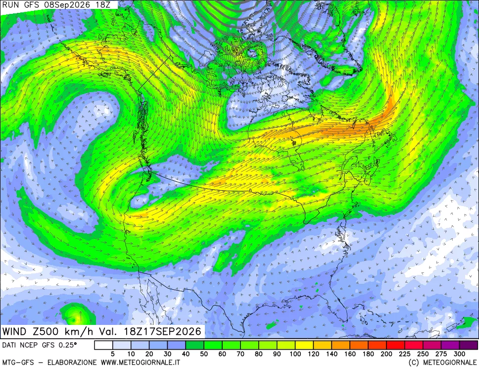 mappa 500 hPa Vento forza e direzione