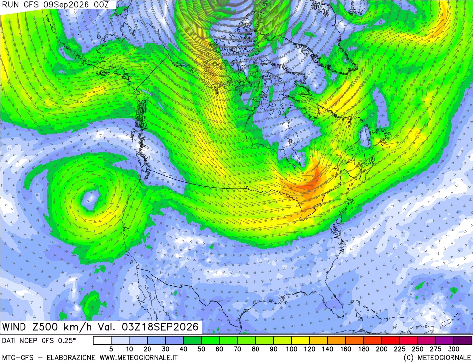 mappa 500 hPa Vento forza e direzione