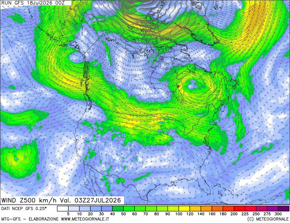 mappa 500 hPa Vento forza e direzione