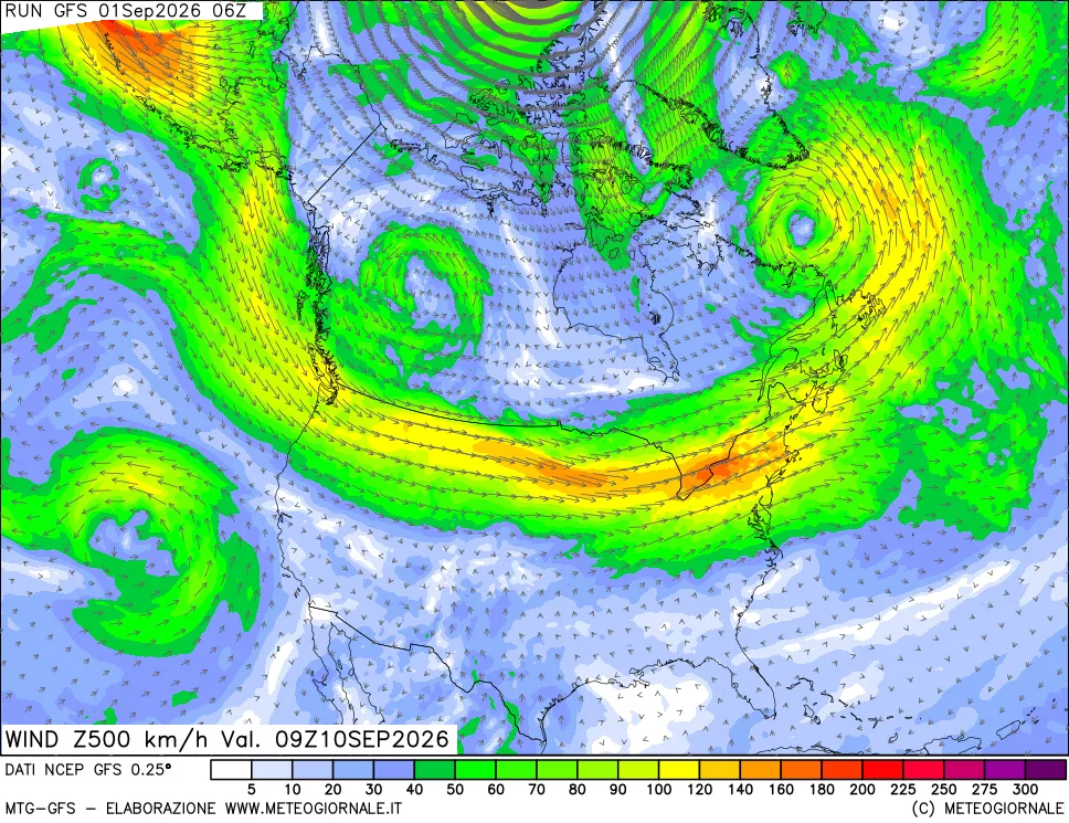 mappa 500 hPa Vento forza e direzione