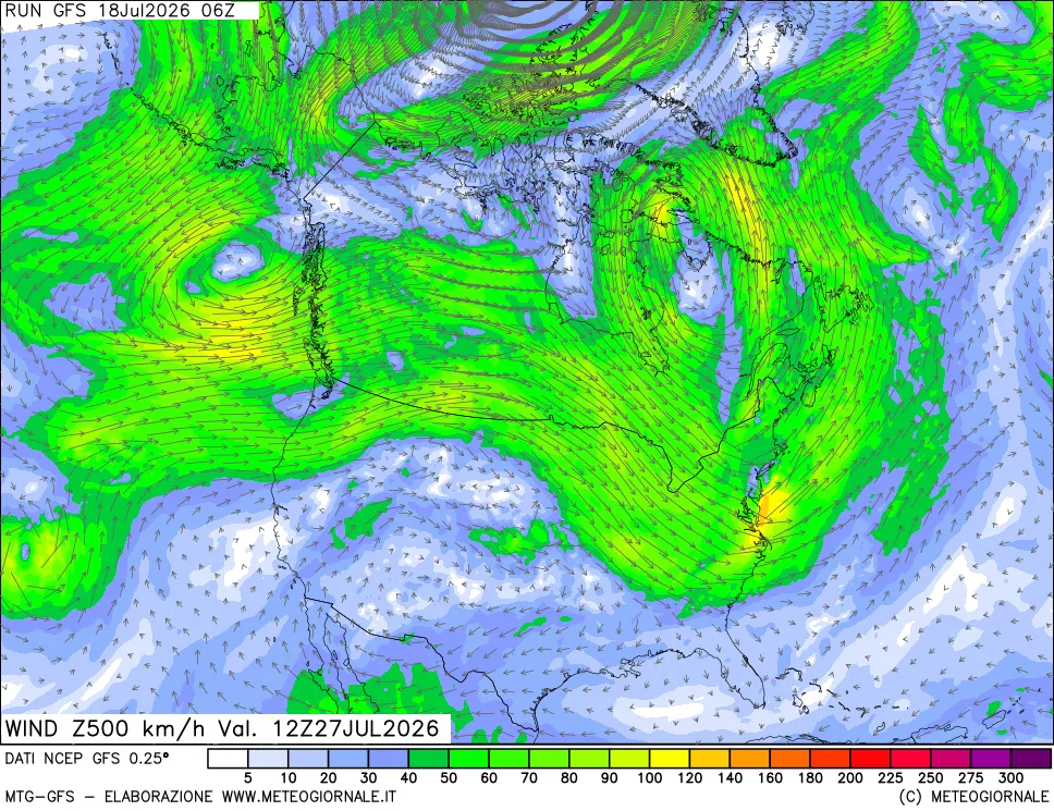mappa 500 hPa Vento forza e direzione