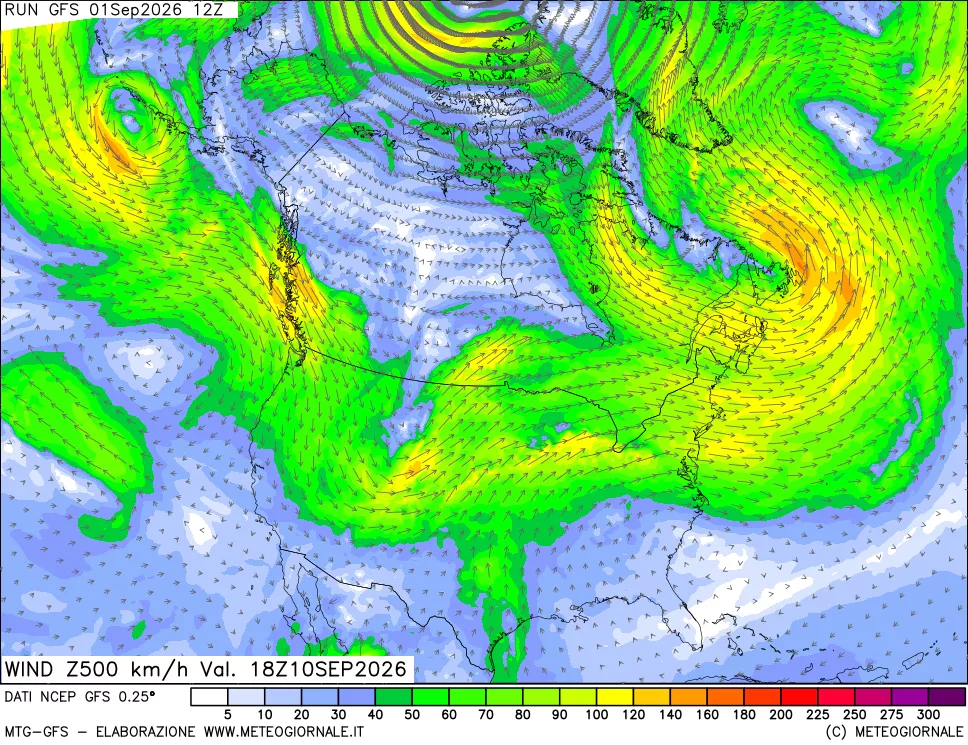 mappa 500 hPa Vento forza e direzione