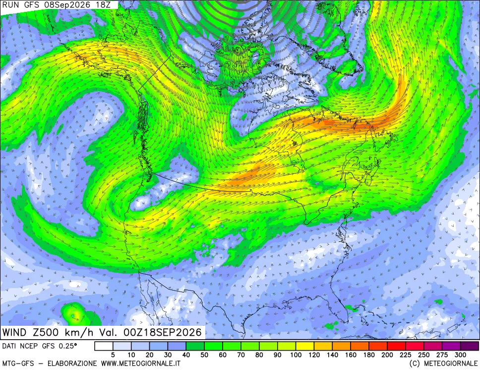 mappa 500 hPa Vento forza e direzione