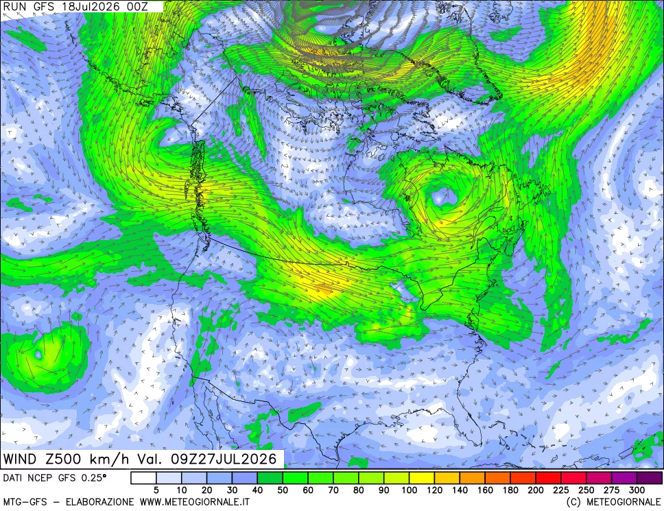 mappa 500 hPa Vento forza e direzione
