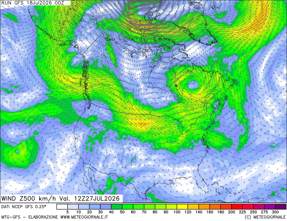 mappa 500 hPa Vento forza e direzione