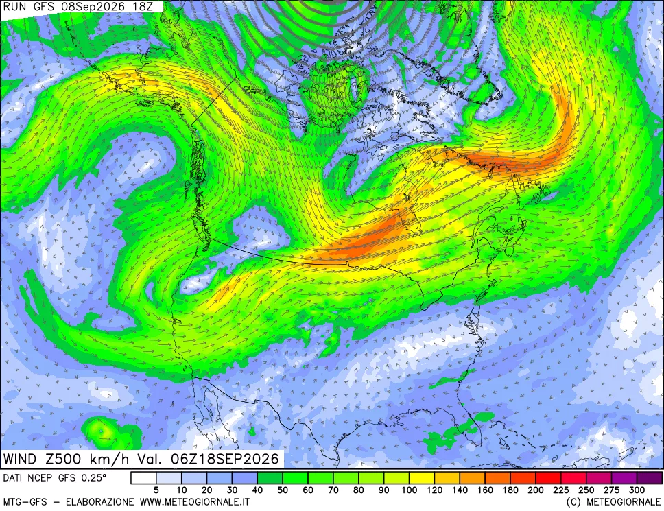 mappa 500 hPa Vento forza e direzione