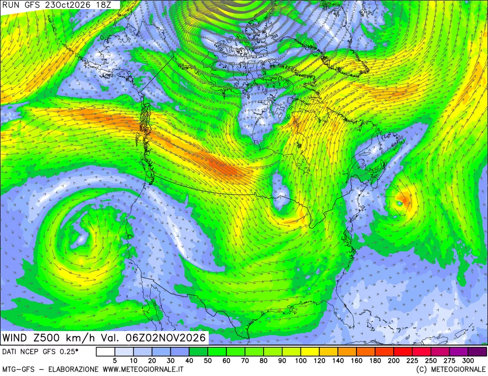 mappa 500 hPa Vento forza e direzione